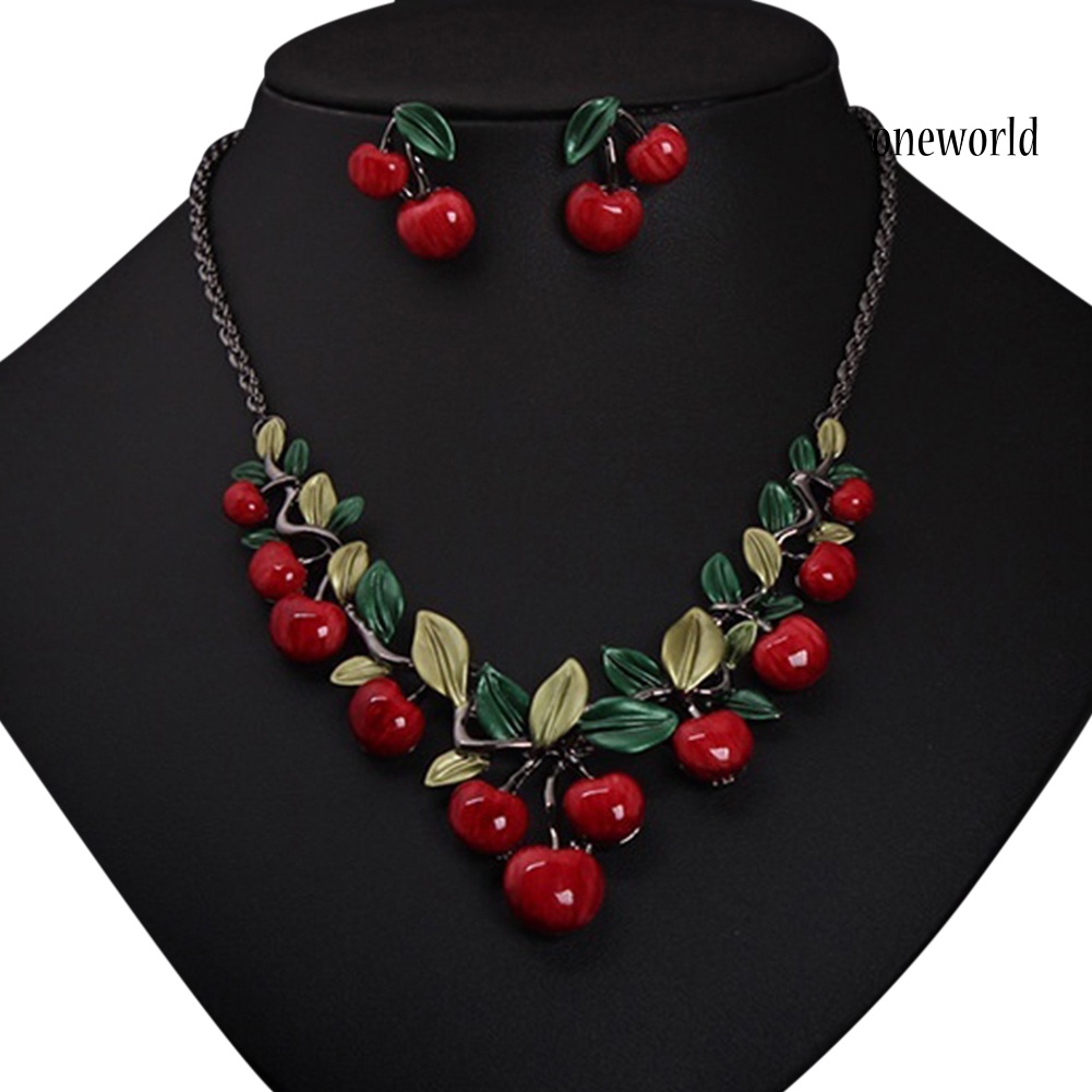 OW@ 1 Set Vintage Red Cherry Fruit Jewelry Set Chic Bridal Necklace Earrings