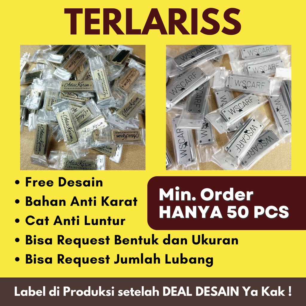 [ MINIM ORDER 50 PCS ] MERK LABEL Bahan Plat Stainless (Plat Besi) & Plat Kuningan Bisa untuk Jilbab