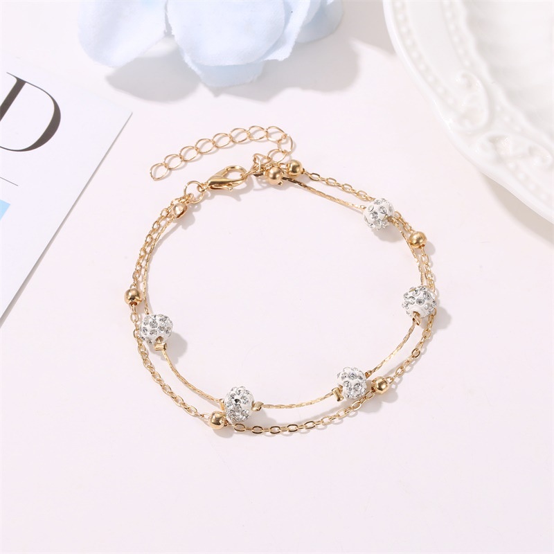 Gelang Kaki Rantai Lapis Ganda Hias Bola Berlian Gaya Boho Dapat Disesuaikan Untuk Wanita