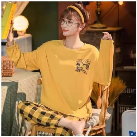 COMFIT STORE PJ3 PP Setelan Piyama Wanita Jumbo Tangan Panjang Celana oversize Baju Tidur Dewasa Import Korea-KOMIK KUNING