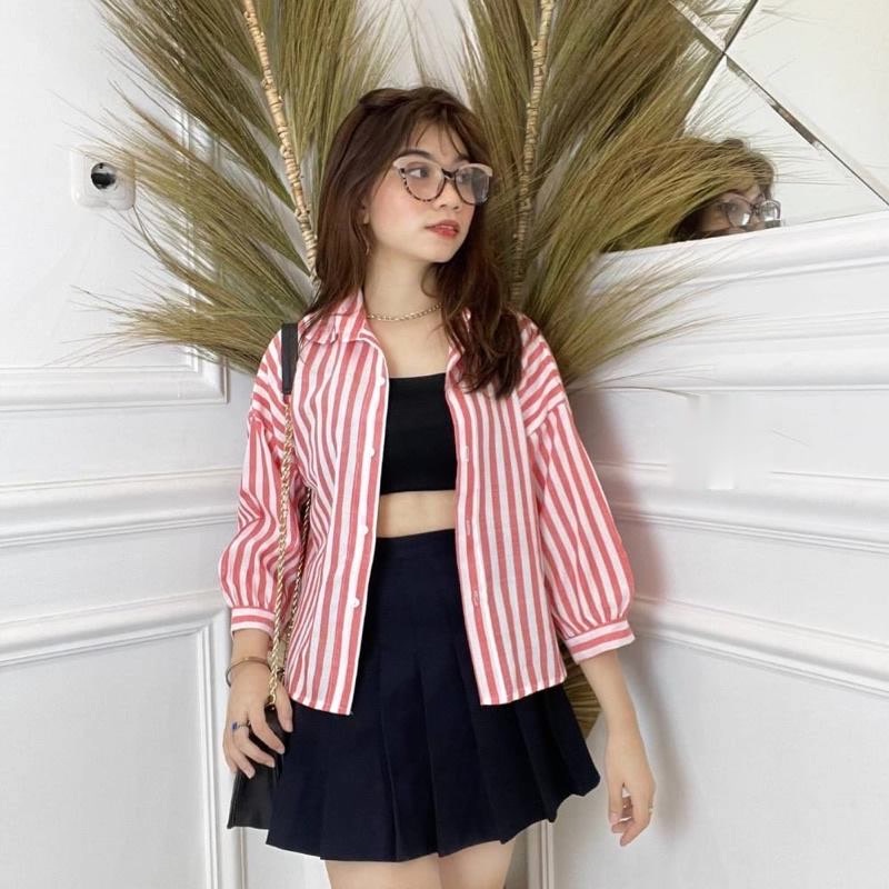 Tq88indonesia Fashion Baju Kemeja Salur Wanita Terbaru /  VENYA KEMEJA STRIPE / Kem / Hem / Busana Casual Cewek / OOTD Kekinian