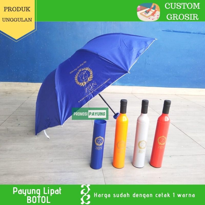 [ PAYUNG CUSTOM GROSIR ] Payung lipat 3 bungkus botol rangka anti angin sablon cetak 1 warna