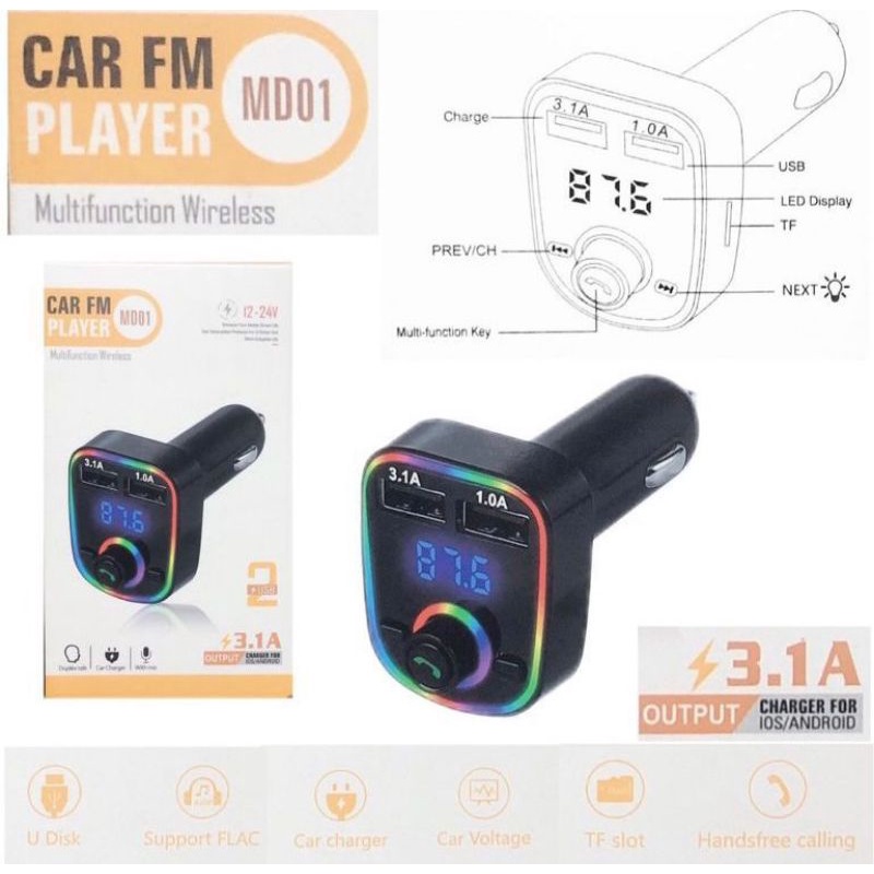 Car Charger Bluetooth MP3 Player FM Transmitter Modulator Wireless LED MD01