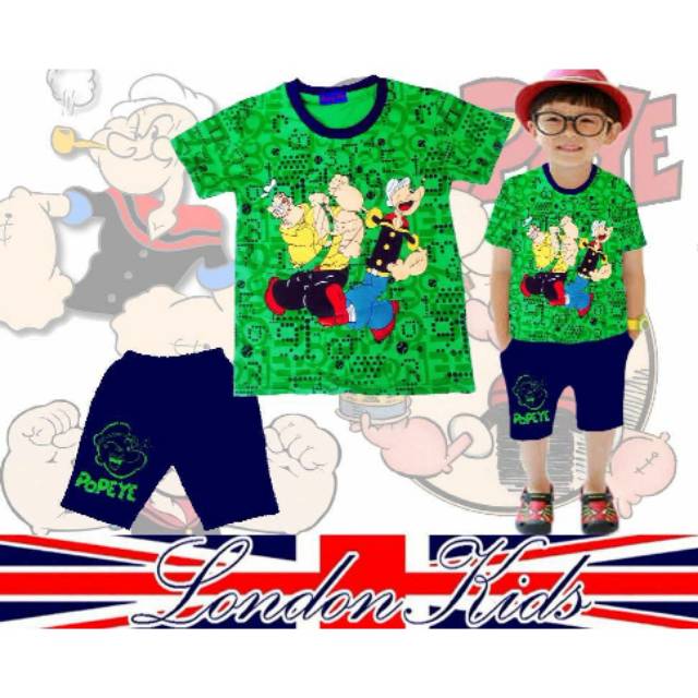Setelan baju anak pendek london kids popeye hijau