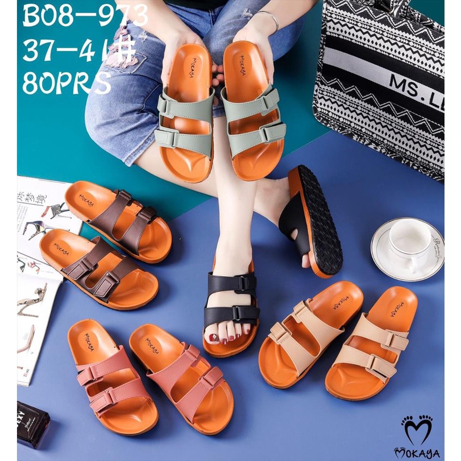 Sandal Slop Jelly Wanita Ban 2 Gesper Kretek Warna Polos Cantik Keren Elegant Import Mokaya / Size 37-41 (1301-1A/B08-G/B08-973)