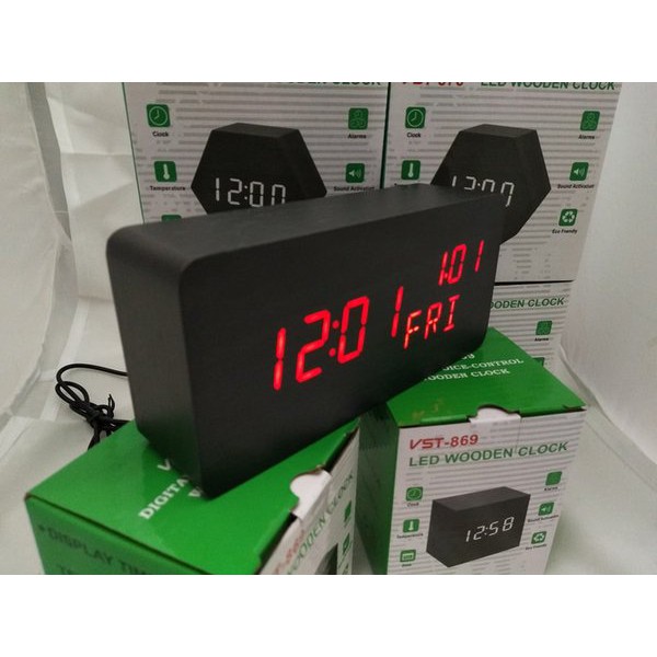 Jam Meja Digital Led Weker Digital Wood Alarm Clock 010 black red