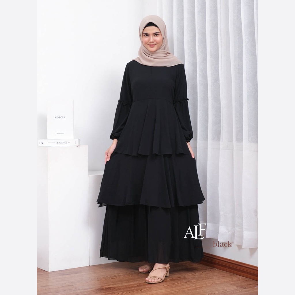 Jelita Dress Black by Alfaina Gamis Susun Hitam Ceruty Babydoll