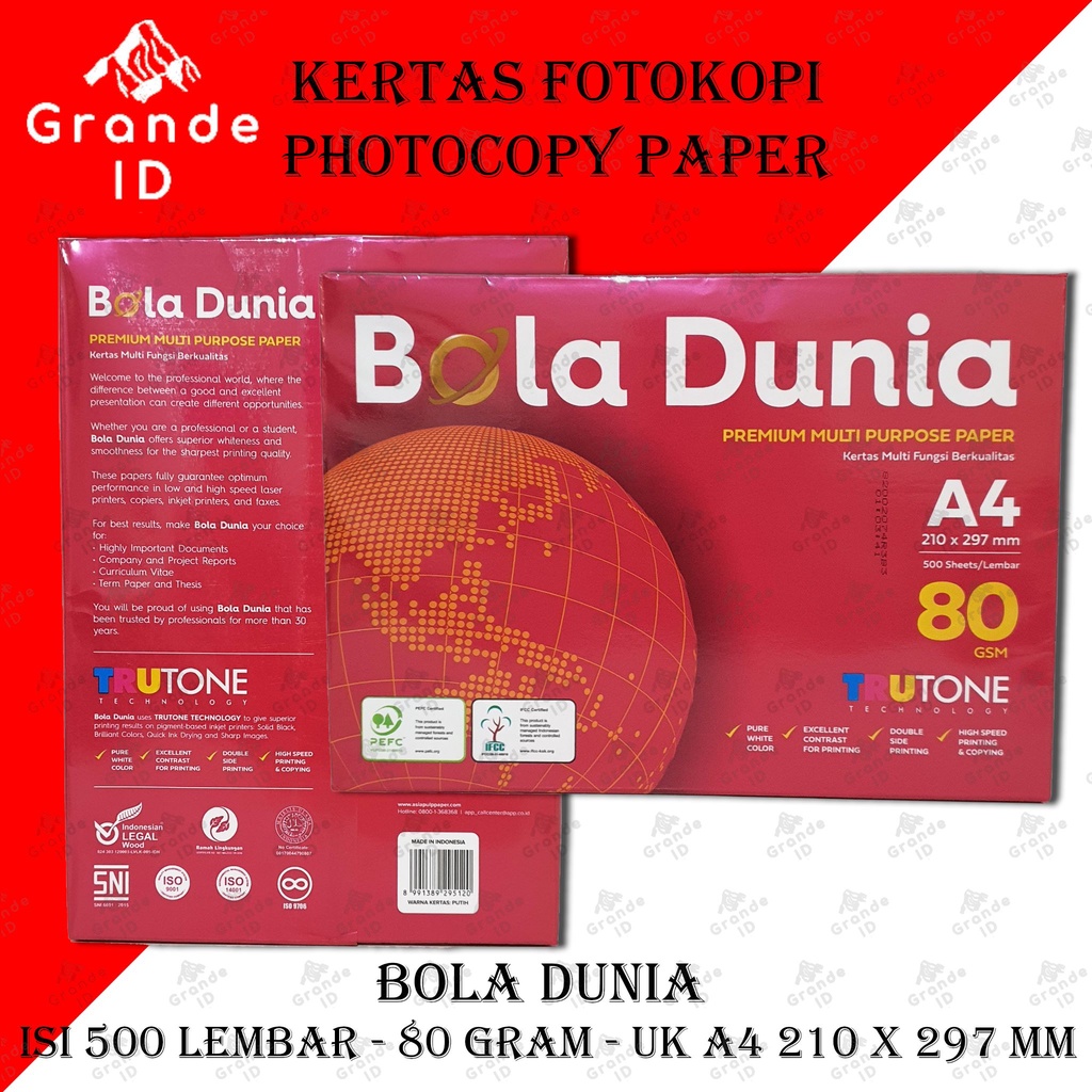 

KERTAS FOTOKOPI BOLA DUNIA 80 GRAM A4 210 X 297 MM ISI 500 LEMBAR