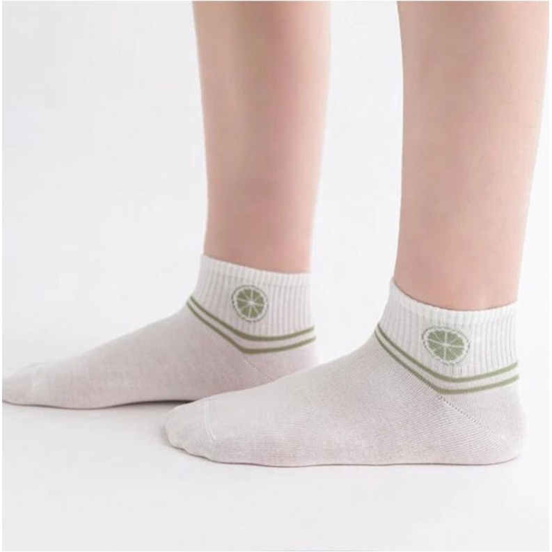 [ COD ] Kaos Kaki Wanita Motif Lemon Pendek Semata Kaki Lucu Hijau Lumut Korea Style Women Sock Import / Kaos Kaki Wanita Pendek Motif Kotak Garis-Putih Lemon