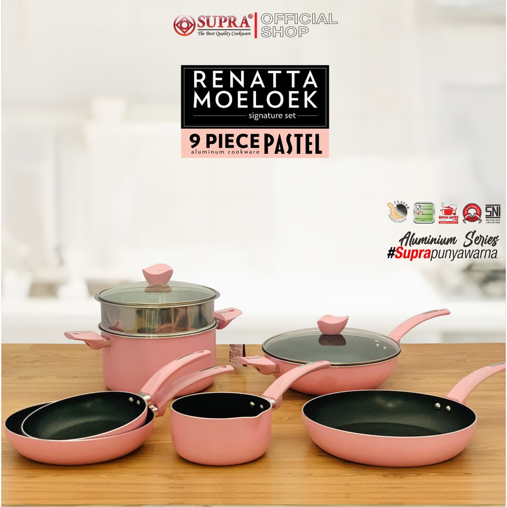 (Cod) Supra panci Set 9 Pcs Pastel Pink / Panci Set Pink Chef Renata Moelek