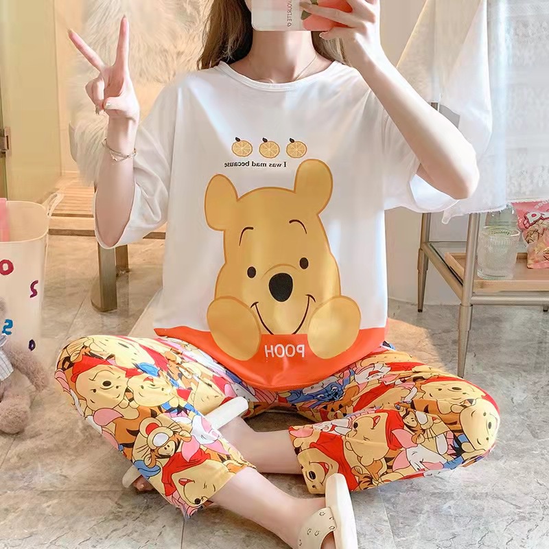 Setelan Piyama Lengan Pendek Baju Tidur Wanita Set Baju Tidur Wanita Dewasa Set Piyama Oversize-Orange Pooh
