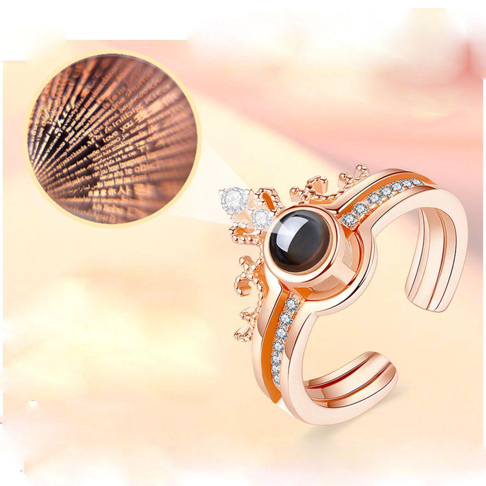 R-flower Projection Ring Cincin Pasangan Pesta Pernikahan Berlian Bentuk Mahkota Terbuka I Love You