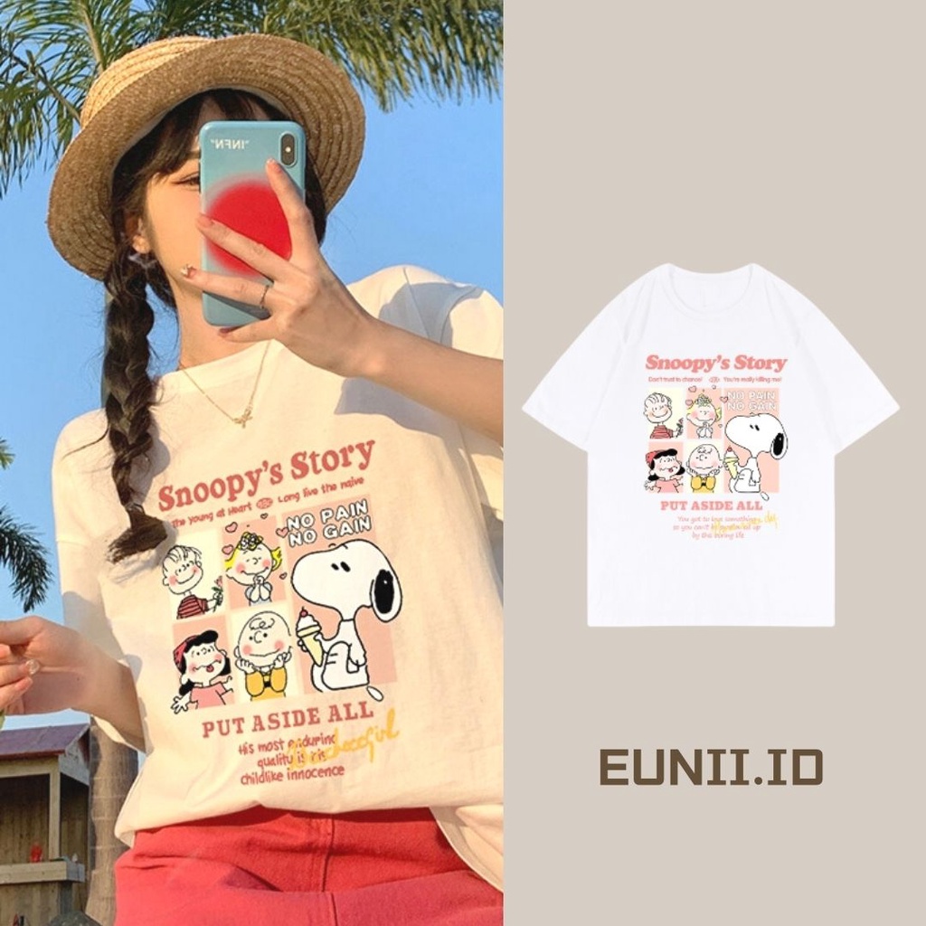 EUNII T-shirt Lengan Pendek Kartun Snoopy Pencetakan Longgar Korean Style/Kaos Atasan Wanita/Baju Kaus Oversize Wanita