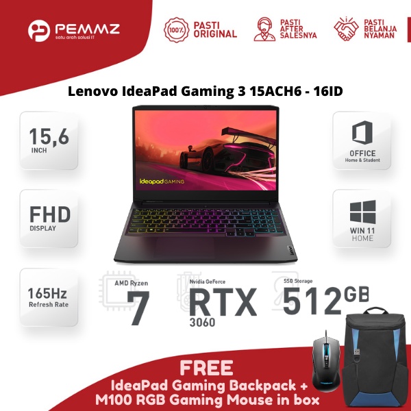 LENOVO IDEAPAD GAMING 3 15ACH6 - 16ID - R7-5800H - SSD 512GB - RTX3060 6GB - 165HZ - SHADOW BLACK