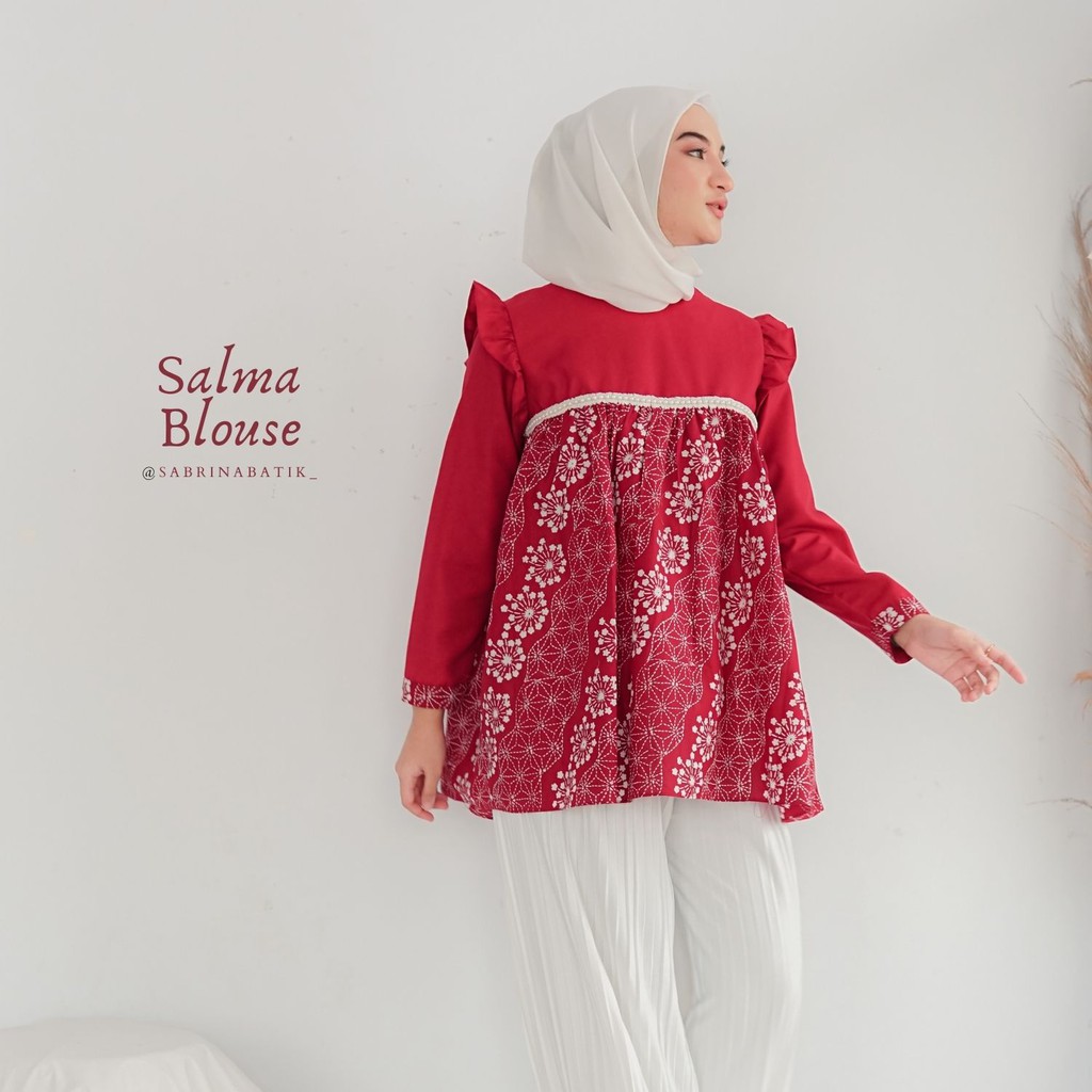 Salma Blouse Atasan Batik Kerja Kantor Cantik Cap Katun Modern Modis Kekinian Maroon