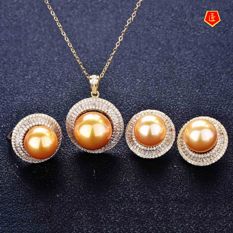 [Ready Stock]Luxury Full Diamond Pearl Necklace and Earring Suit