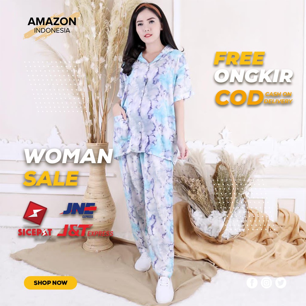 PIYAMA WANITA SATU SET TIE DIE WARNA BIRU JUMBO LENGAN PENDEK CELANA PANJANG BAHAN RAYON BAGUS MURAH