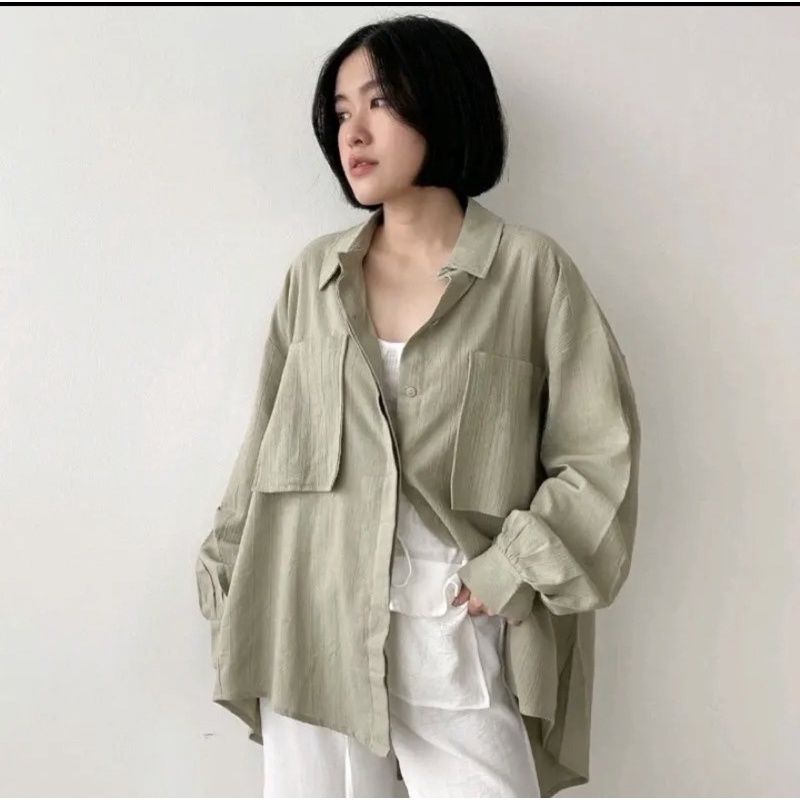 Poket Outfit linen crinkle / Kemeja wanita outer terbaru