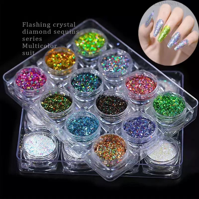 12 WARNA BUBUK FLAKES FLASH SHINNING CRYSTAL / FLAKES HIASAN NAILART CAPSULATED BLING BANGET MENYALA DI FLASH HOLOGRAM NAIL ART