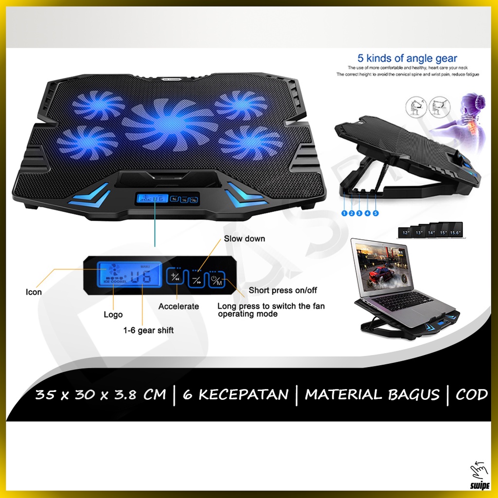 Coolingpad Laptop V3 – 5 Fan Cooling Pad Cooler AC Overheat Leptop Pendingin Kipas angin LED Listrik