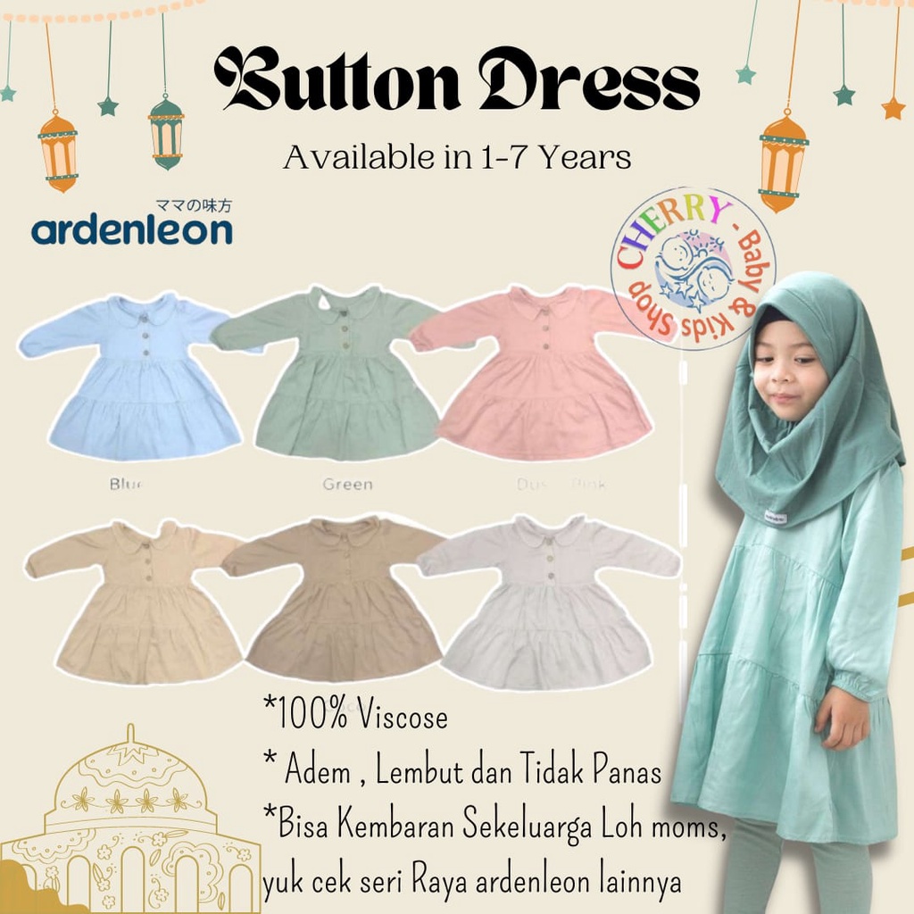 ARDEN LEON Kids Button Dress Raya Dress Lebaran Anak Baju Muslim Anak Perempuan Seragam Muslim Keluarga Series (M-5L) CBKS