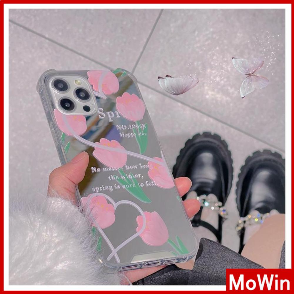 iPhone Case Acrylic Reflective Mirror Airbag Shockproof Protection Camera Pink Tulip Flower Compatible with iPhone 11 iPhone 13 Pro Max iPhone 12 Pro Max iPhone 7 Plus iPhone xr