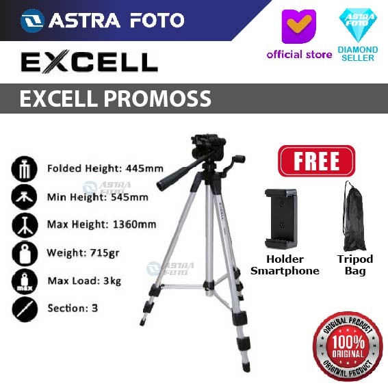 Tripod TRIPOD EXCELL PROMOSS BLACK KAMERA DSLR HP HANDPHONE Mirip Takara 193a - Silver(I9L2) PROMO T