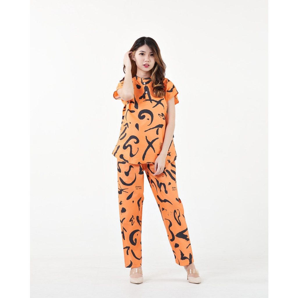 IZANY Piyama Dewasa Daily Set / One Set Aeon all size Lengan Pendek Allsize-AKSARA ORANGE