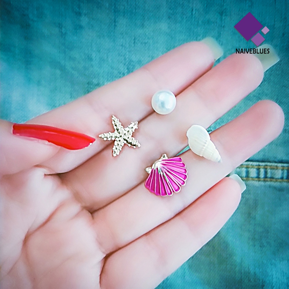 4pcs / Set Anting Stud Mutiara Kerang Bintang Laut Pantai Musim Panas Untuk Wanita