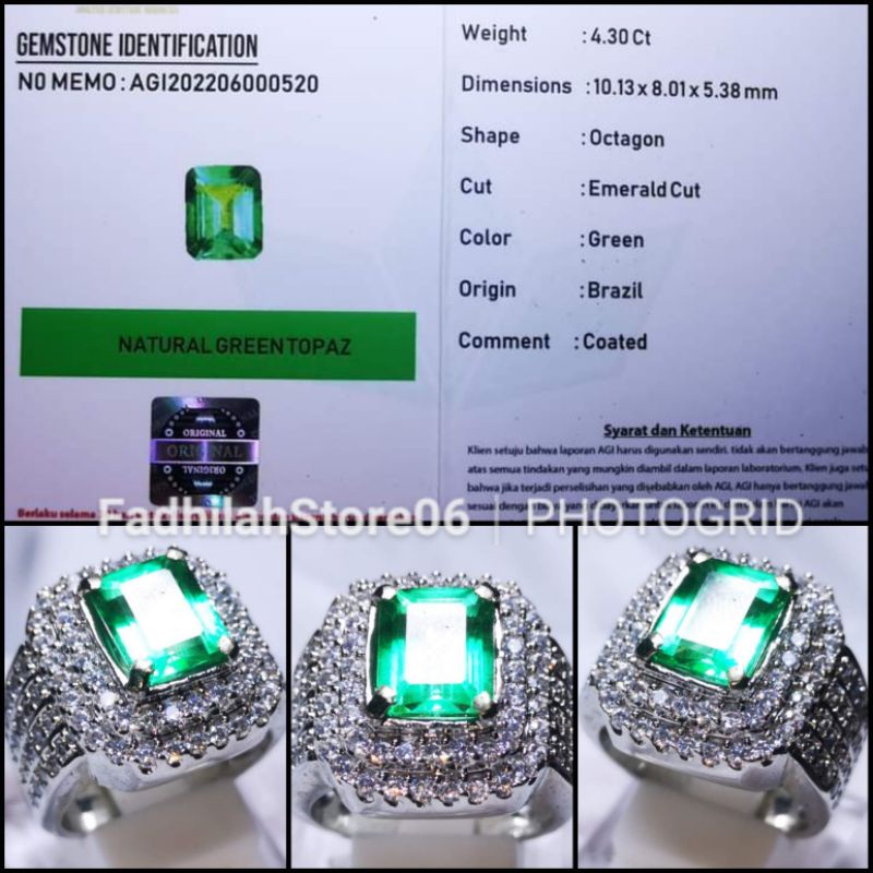 CINCIN PRIA PERMATA GREEN TOPAZ OCTAGON TOP LUSTER + MEMO LAB