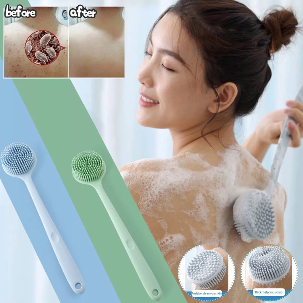 Silicone Double Side Bath Body Brush / Long Handle Back Massage Shower Cleaning Brush