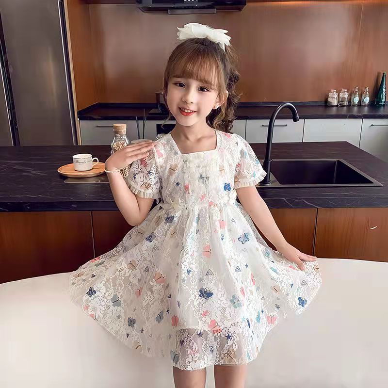 KF CAT Dress Brukat Anak Perempuan Import /Gaun Princess Pesta Lengan Pendek Ruffle Rok Panjang Renda Mewah Motif Kupu Kupu Untuk Usia 3-7 thn-2