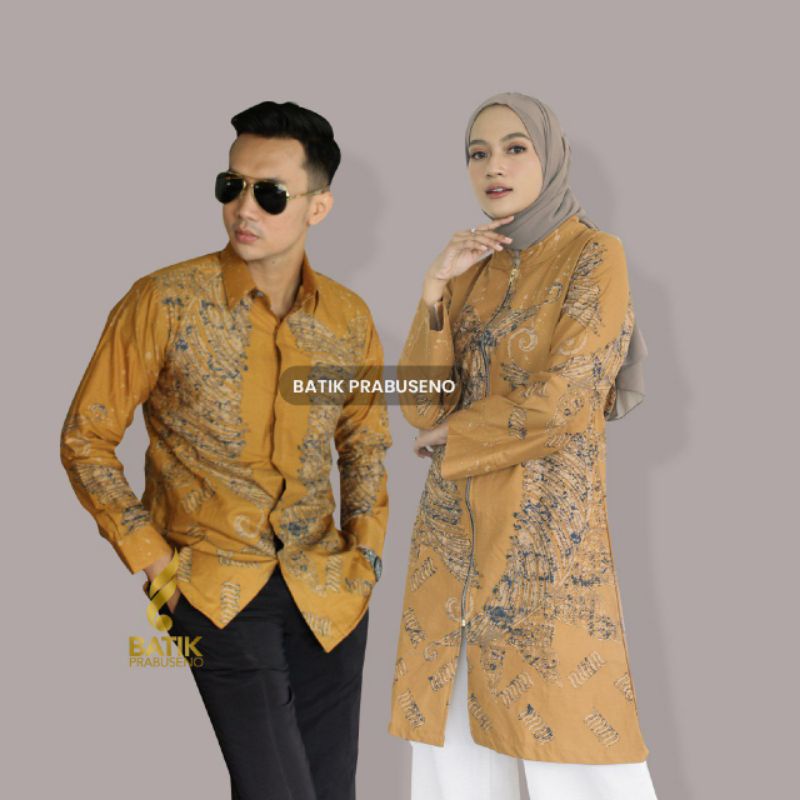 Udarati Kuning Couple Batik Prabuseno Sarimbit Pria Wanita Kemeja Slimfit Lengan Panjang Baju Tunik 