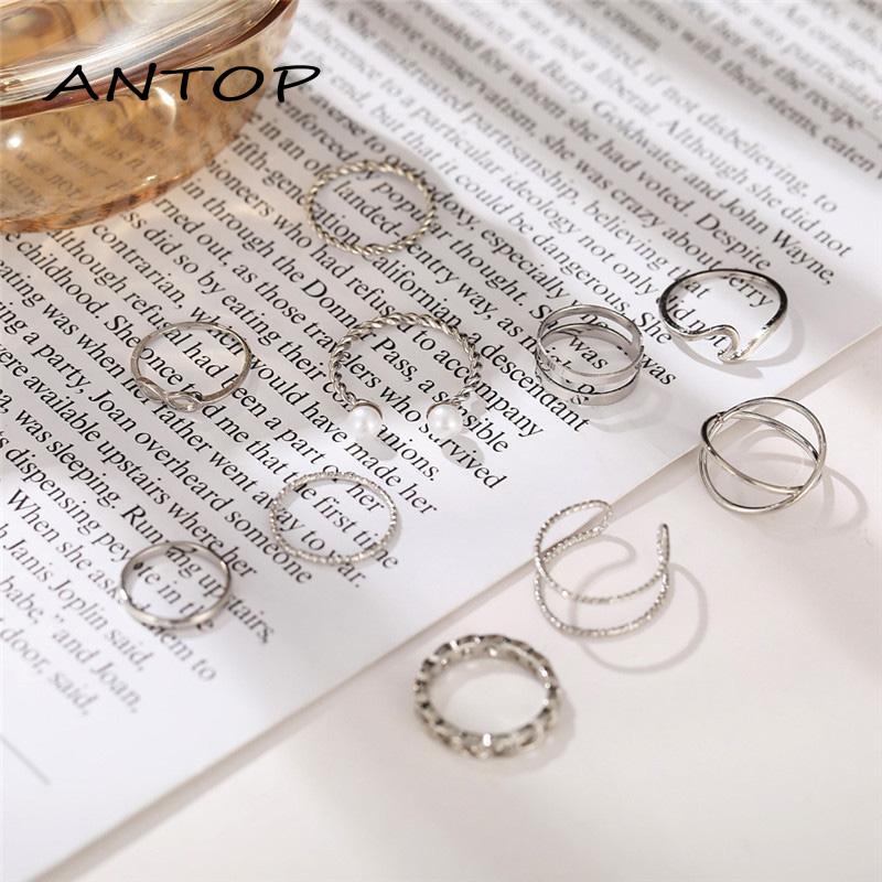 10 Pcs / Set Cincin Manik-Manik Mutiara Ganda Gelombang Geometris Untuk Wanita