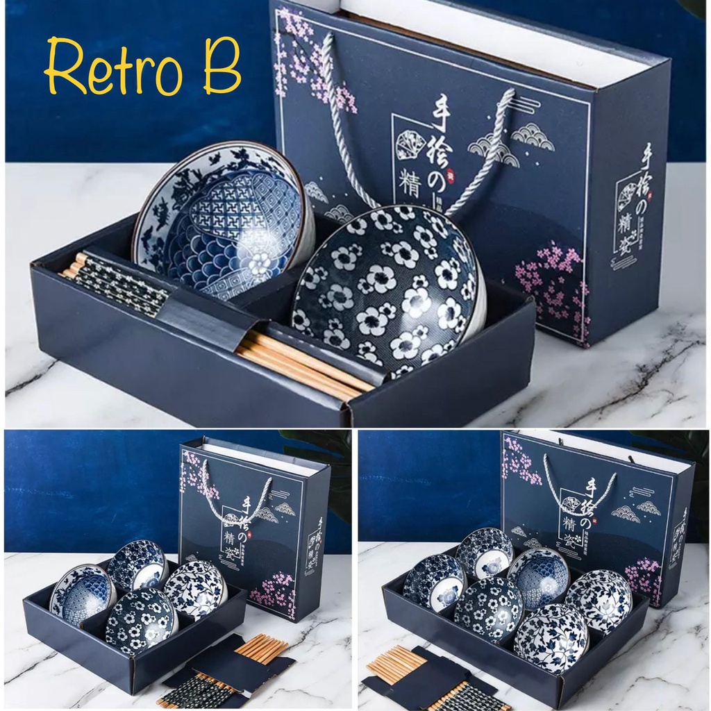 japanese retro style ceramic bowl gift box set free chopstick / hampers alat makan mangkok keramik set sumpit