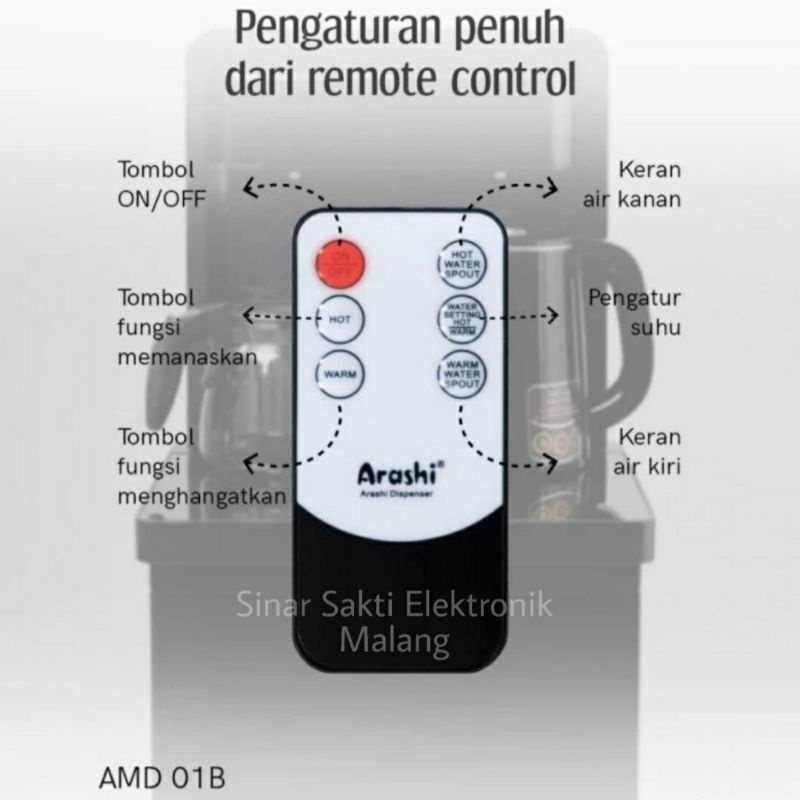 Arashi Dispenser Multifungsi Galon Bawah + Remote AMD-01B Panas Normal amd 01b Malang murah