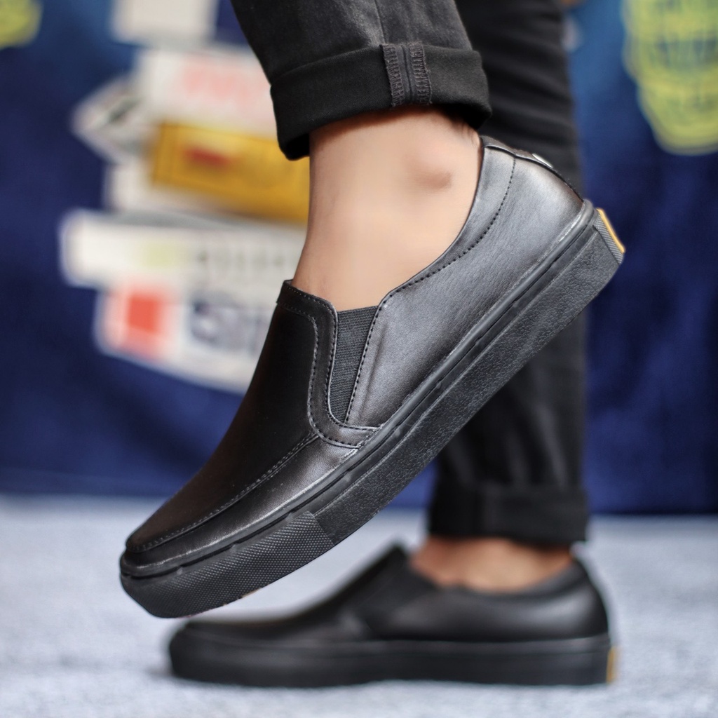 MANJI Sepatu Casual Formal Pria Hitam Kulit Asli Original Kerja Kantor Cowok Murah Sepatu Slop