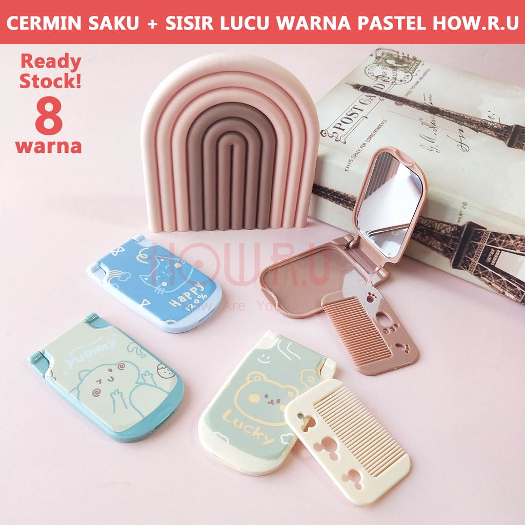 HOW.R.U | Cermin + Sisir Lipat Size Mini Korean Style Warna Pastel Lucu