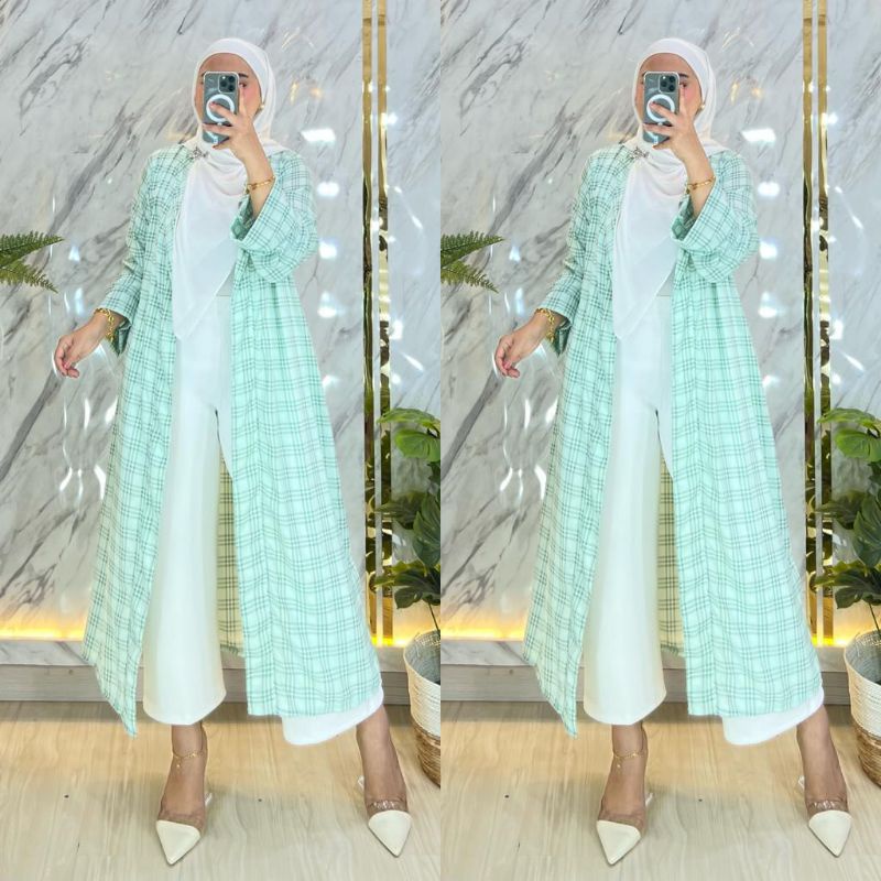 barry kimono long cardi set celana/gamis outer panjang jumbo hijau mint
