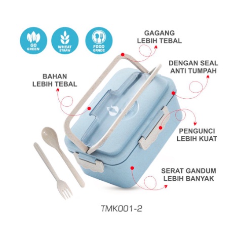 FREE SENDOK Tempat Makan FOOD GRADE Hijau Lengkap - Lunch box set Jerami Gandum kotak makan / free Sendok / 1000ml
