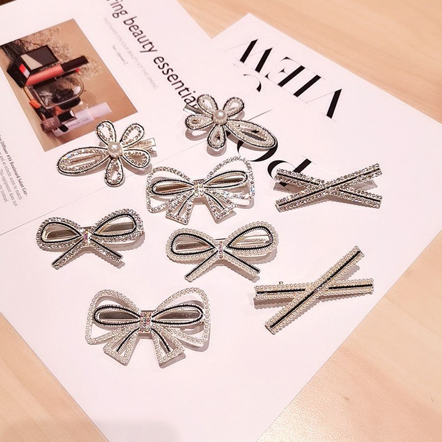 Korean Full Diamond Pearl Bow Hairpin Crystal Flower Duckbill Clip Bangs Clip Hair Clip