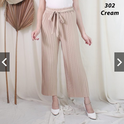 302 KULOT PLISKET PANJANG TALI PINGGANG MODIS FASHION MUSLIM BAWAHAN CELANA POLOS MURAH PLEATEDPANTS-Cream