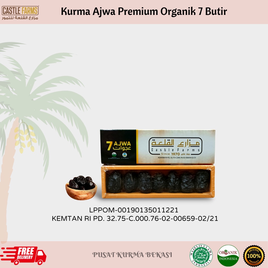 Kurma Ajwa Organik Premium 7 Butir Asli Madinah - Castle Farms | Kurma Nabi | Kurma Ajwa Original
