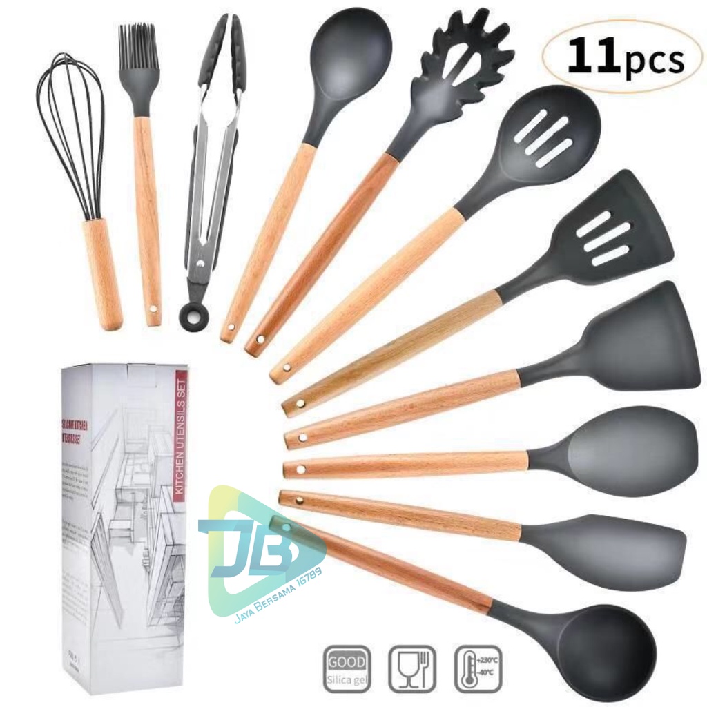 RT82 Kitchen Utensil Silicone wood 12pcs Set Peralatan Dapur Masak Baking Sutil Spatula Sendok Silikon Set Alat Masak 11 in 1 gagang kayu JB5471