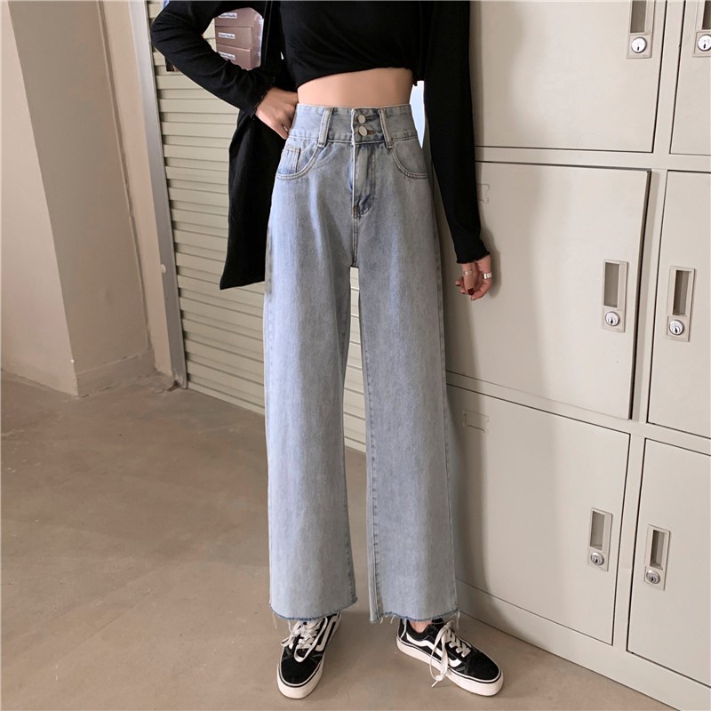 [chaoo.id]Jeans Retro Wanita Gaya Korea Celana Longgar Pinggang Tinggi