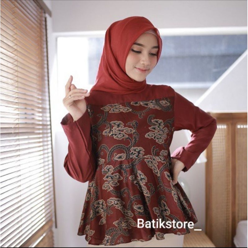 tey-17 Batik wanita ASJ SA HRB026 Kenongo Kemeja Tosca Pendek-mega mendung abang