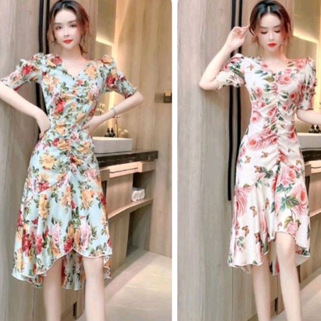 12567 Baju Mididress dress gaun kerah Vneck motif bunga flower floral pink hijau Korean style model 