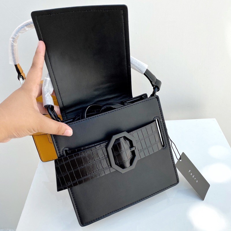 Croc-Effect Buckled Top Handle Bag