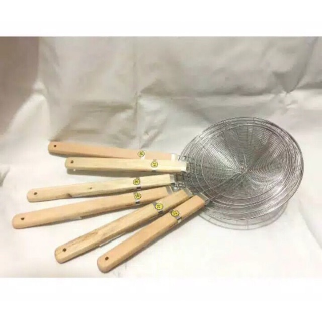 Saringan Serokan Parabola 30cm Gagang Kayu Serokan Gorengan Serokan Minyak Serokan Stainless