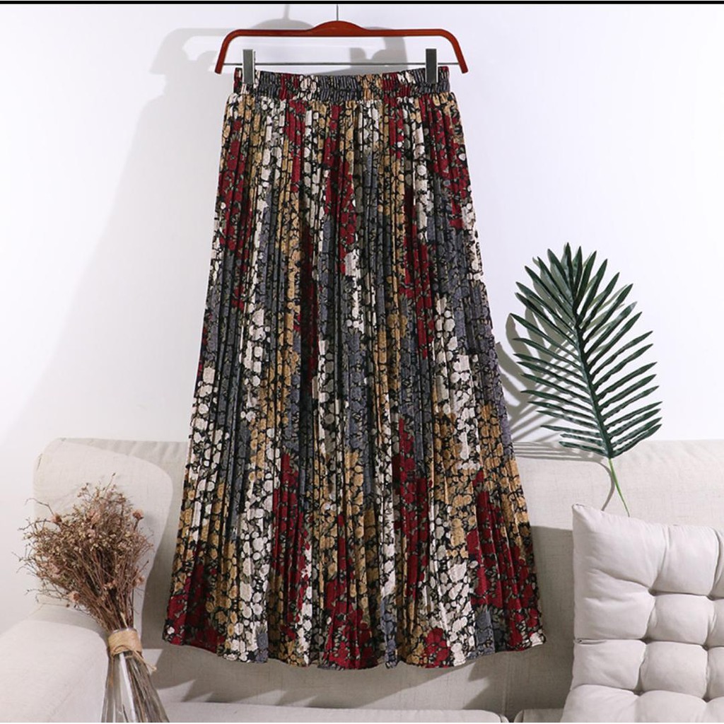 Rok Plisket Prisket / Rok Import / Rok Bunga / Maxi Skirt Motif Lucu Floral Bunga Vintage